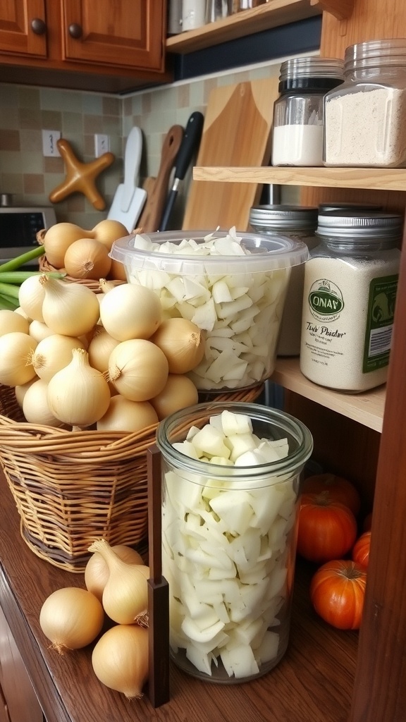 A kitchen storage setup with whole onions, chopped onions in a container, and jars of onion powder.